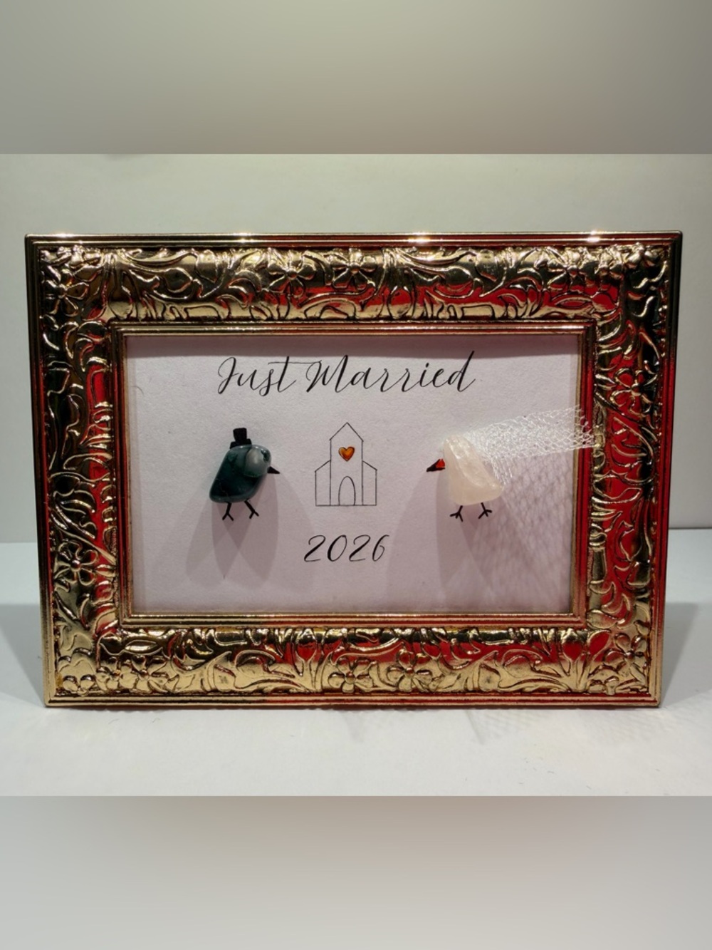 Handmade 'Just Married' 2026 Wedding Keepsake in Gold Frame